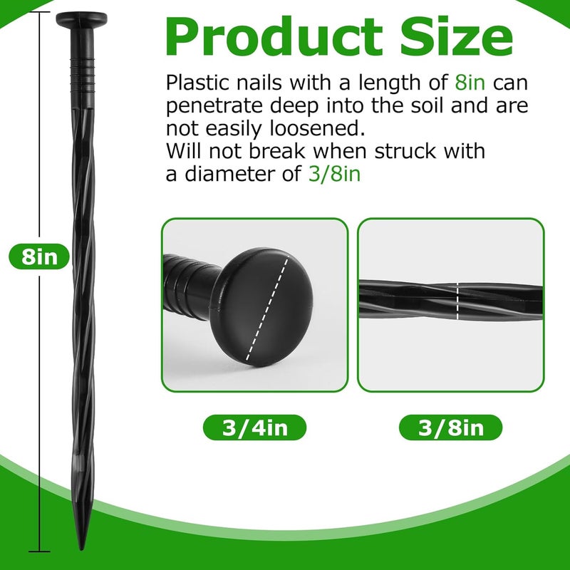 DharBnt 200Pcs 8-Inch Plastic Landscape Edging Spikes, Spiral Anchoring Nails for Weed Barrier, Paver Edging, Landscape Edging, Artificial Turf, Grass Pathways, and More - Image 2